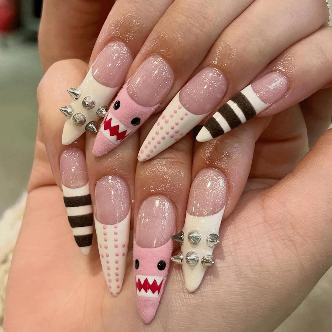 Pink Glitter Monster Face Press-On Nails With Stripes and Silver Cone Studs