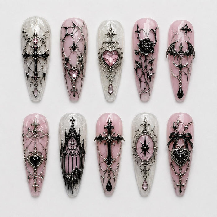 Pink Gothic Coquette Press On Nails With Crosses, Hearts, Chains, and Rose Details