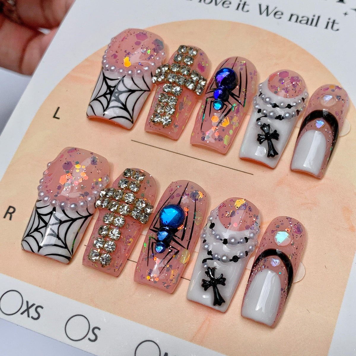Pink Gothic Spiderweb Halloween Press On Nails with Rhinestone Cross and Blue Spider