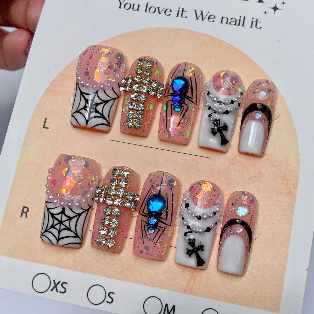 Pink Gothic Spiderweb Halloween Press On Nails with Rhinestone Cross and Blue Spider