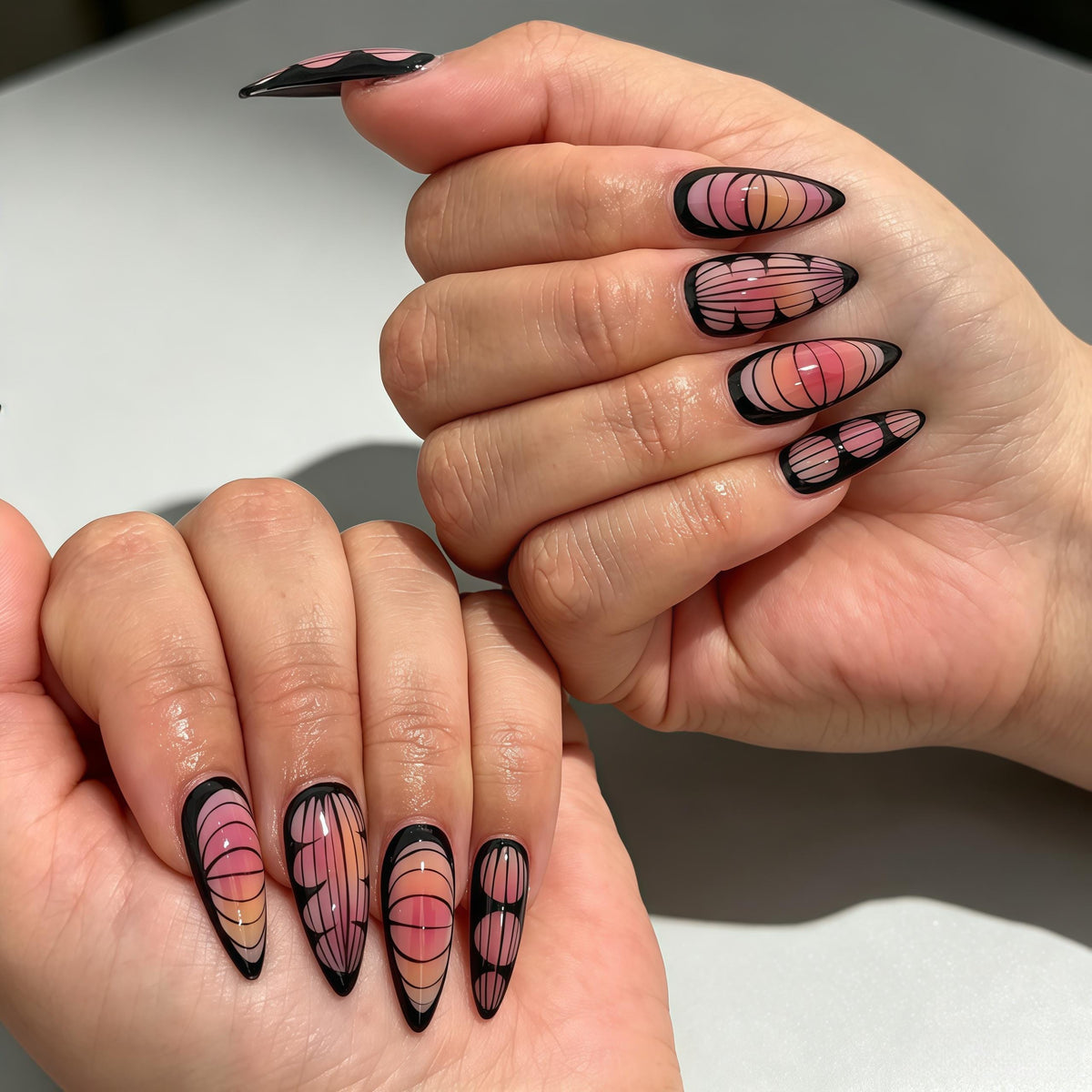 Pink Gradient Nails With Black Geometric Outlines