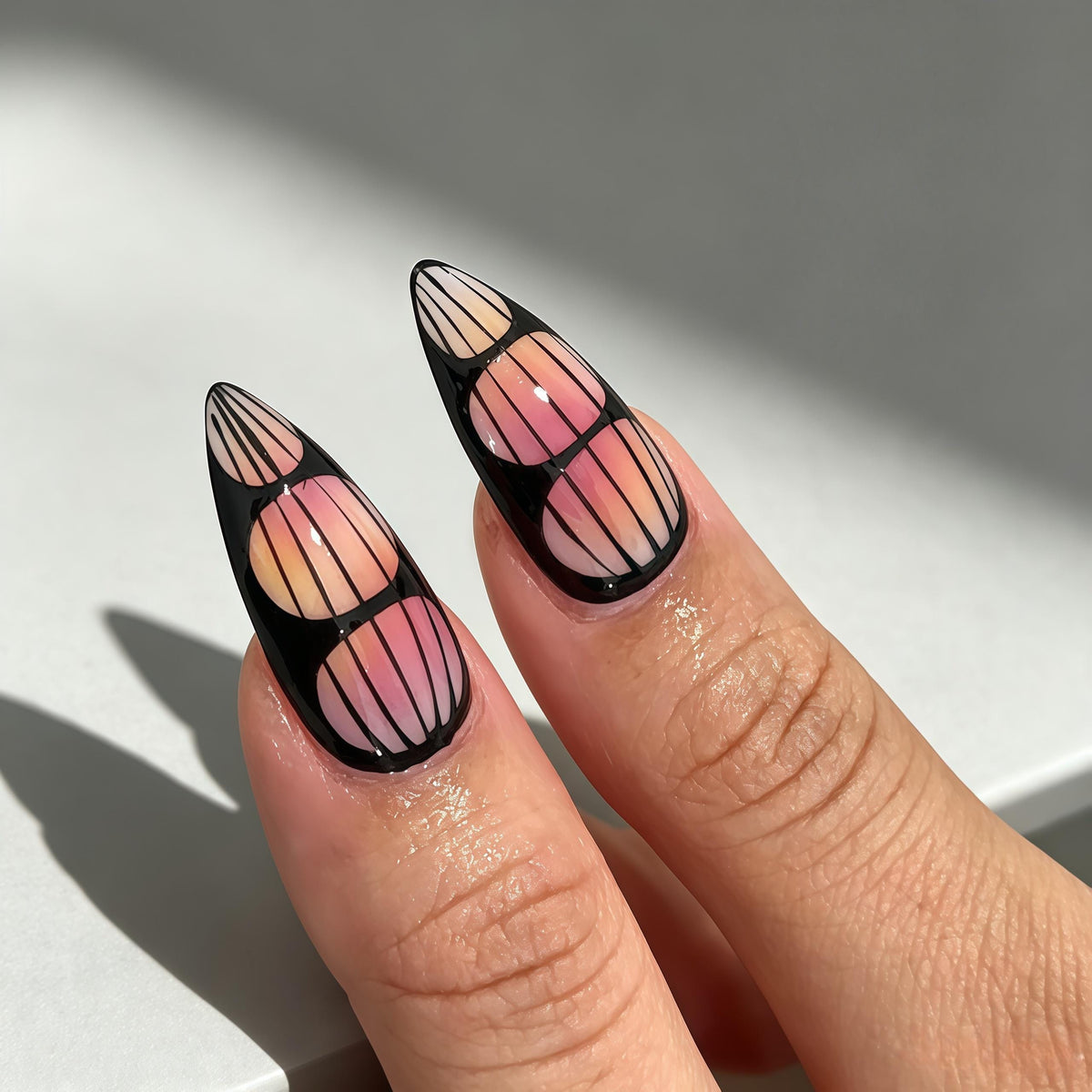 Pink Gradient Nails With Black Geometric Outlines
