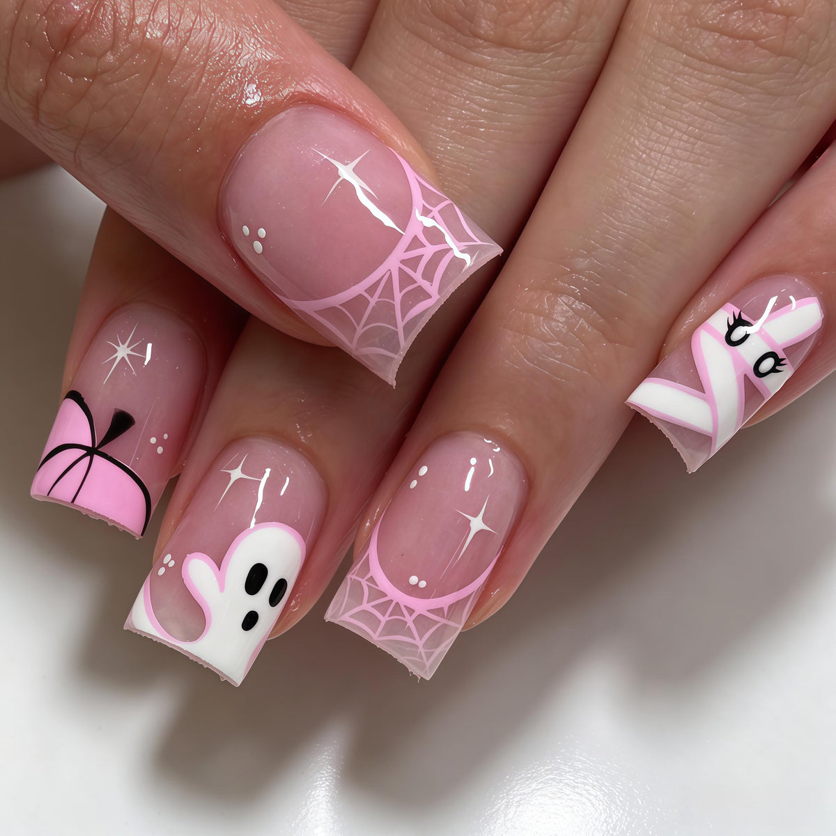 Pink Halloween Ghost and Spiderweb Press-On Nails