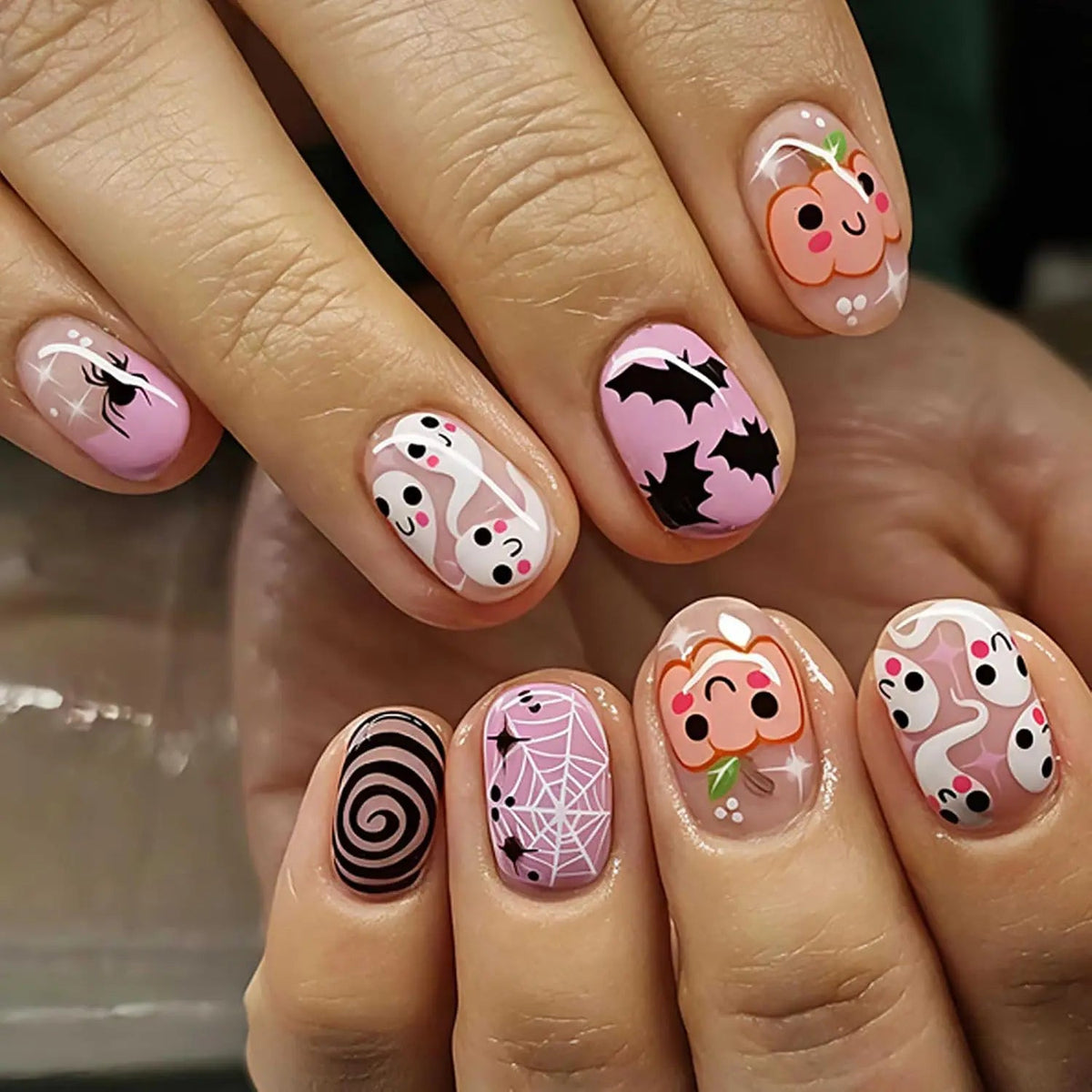 Pink Halloween Press On Nails With Bats, Ghosts, Pumpkins and Spiderwebs