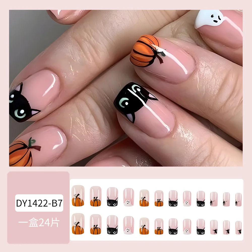 Pink Halloween Press On Nails with Black Cats, Ghosts, Pumpkins and Bats