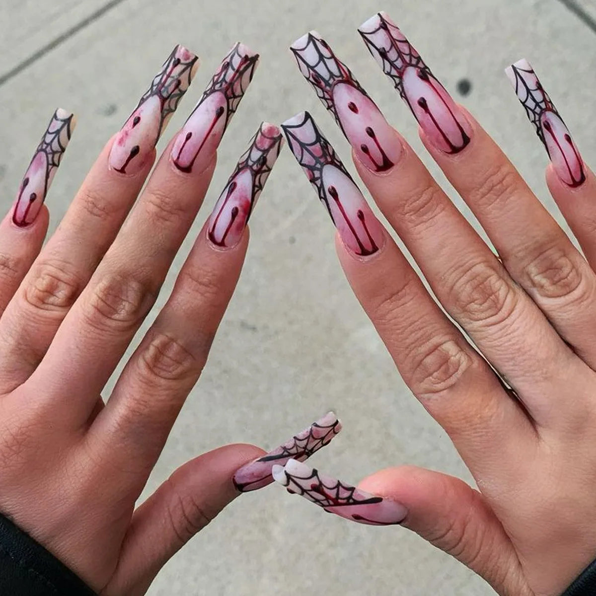 Pink Halloween Press On Nails with Black Spiderwebs and Red Blood Drips