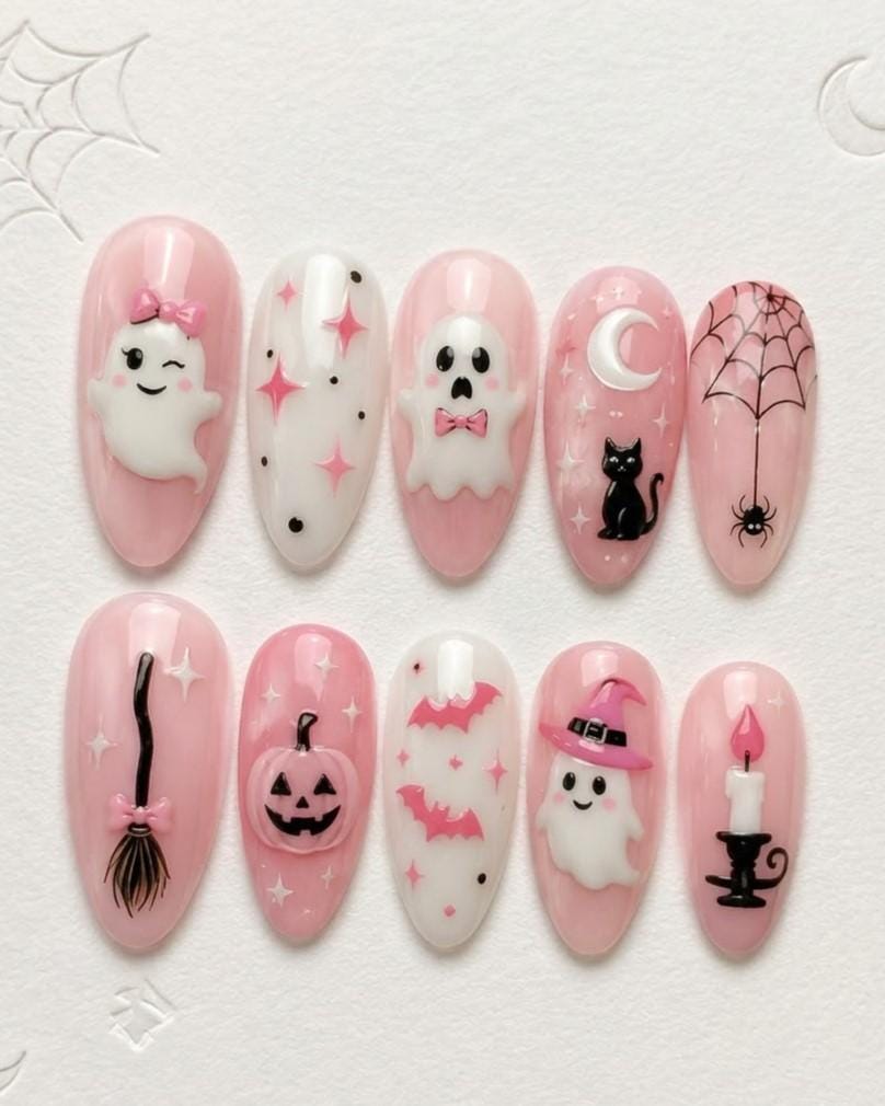 Pink Halloween Press On Nails With Ghosts, Bats, Cats and Spider Webs