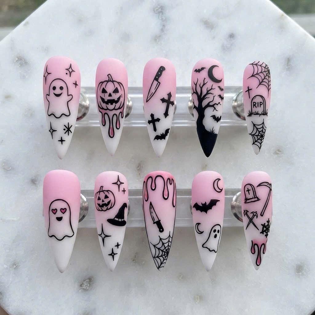 Pink Halloween Press-On Nails With Ghosts, Pumpkins, Bats and Spooky Details