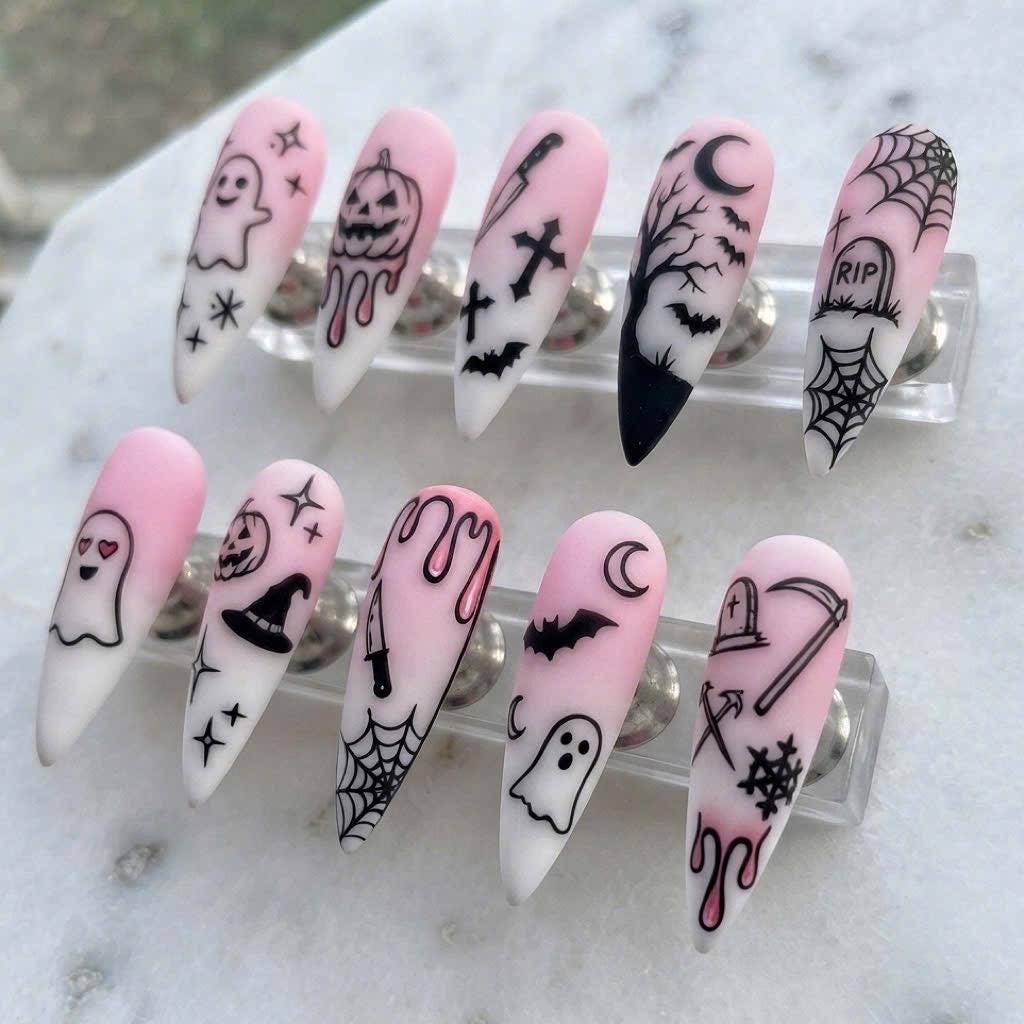 Pink Halloween Press-On Nails With Ghosts, Pumpkins, Bats and Spooky Details