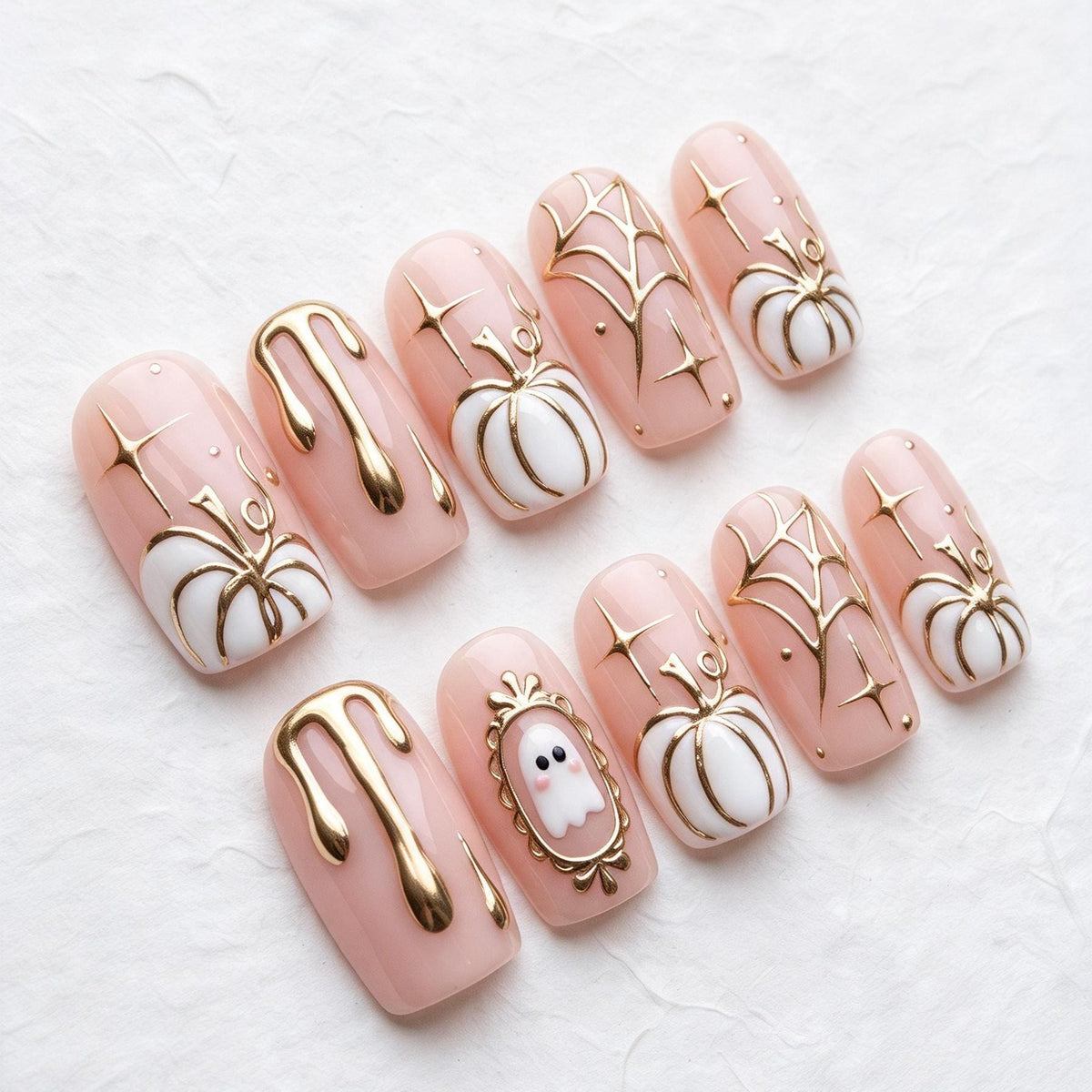 Pink Halloween Press-On Nails With Gold Ghosts, Pumpkins and Chrome Accents