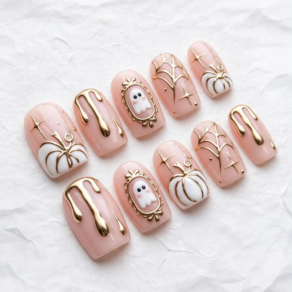 Pink Halloween Press-On Nails With Gold Ghosts, Pumpkins and Chrome Accents