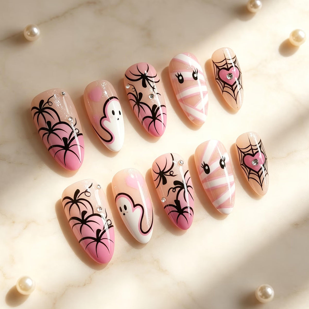 Pink Halloween Spiderweb and Ghost Press On Nail Set