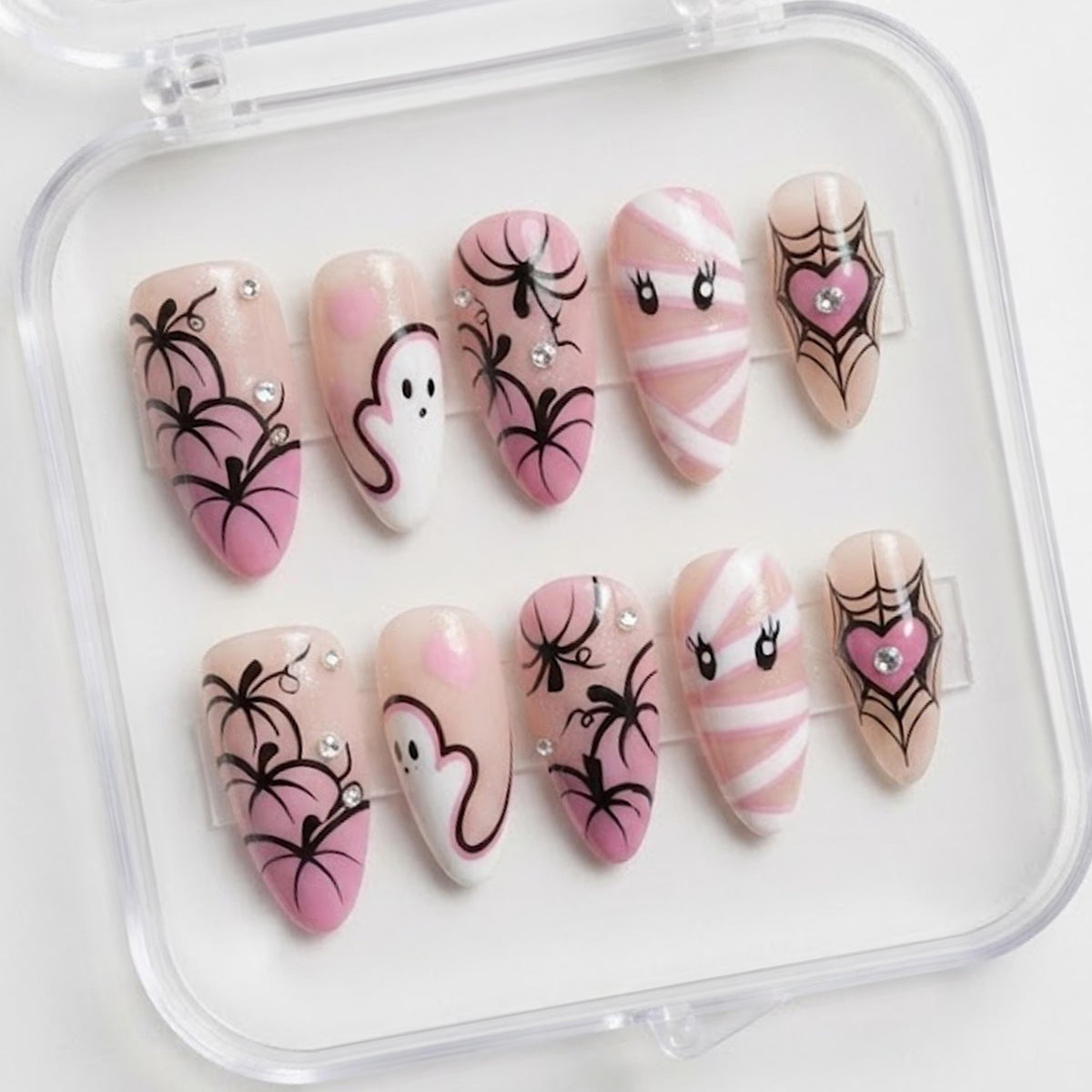 Pink Halloween Spiderweb and Ghost Press On Nail Set