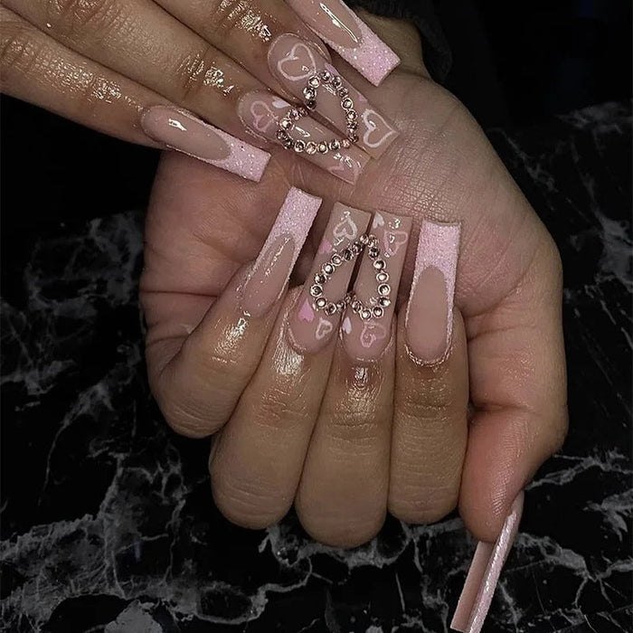 Pink Heart French Tip Press On Nails With Rhinestone Details