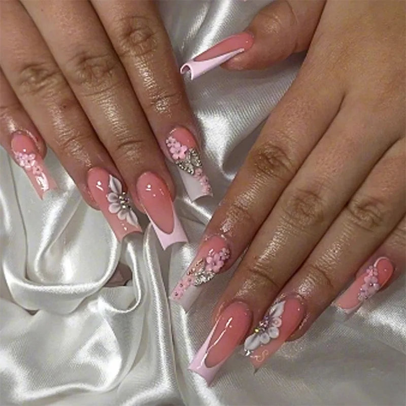 Pink Heart Swirl French Tip Nails With Rhinestone Details