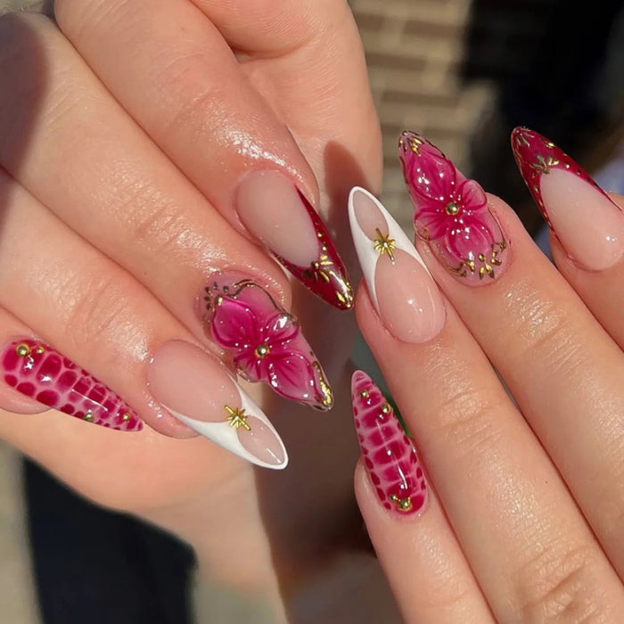 Pink Hibiscus French Tip Press On Nails with Gold Details and Rhinestones