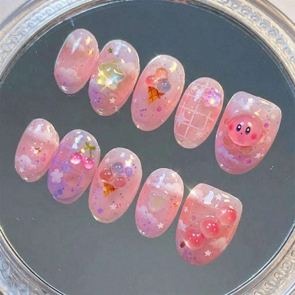 Pink Jelly Kirby Press-On Nails With Clouds, Cherries and Ice Cream