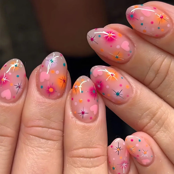 Pink Jelly Press On Nails With Colorful Starburst Flowers and Dots