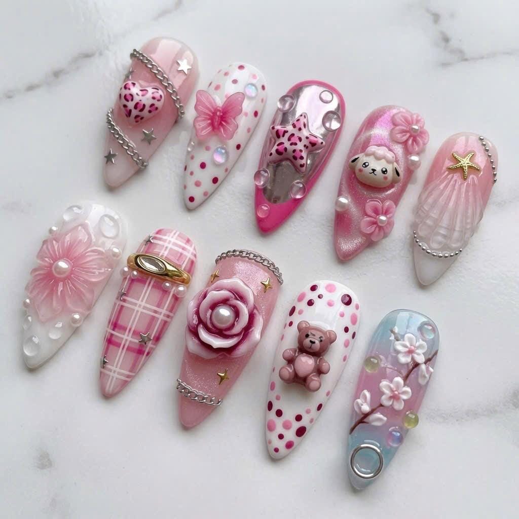 Pink Kawaii Teddy Bear Nail Set with 3D Flowers, Hearts, Plaid and Star Charms