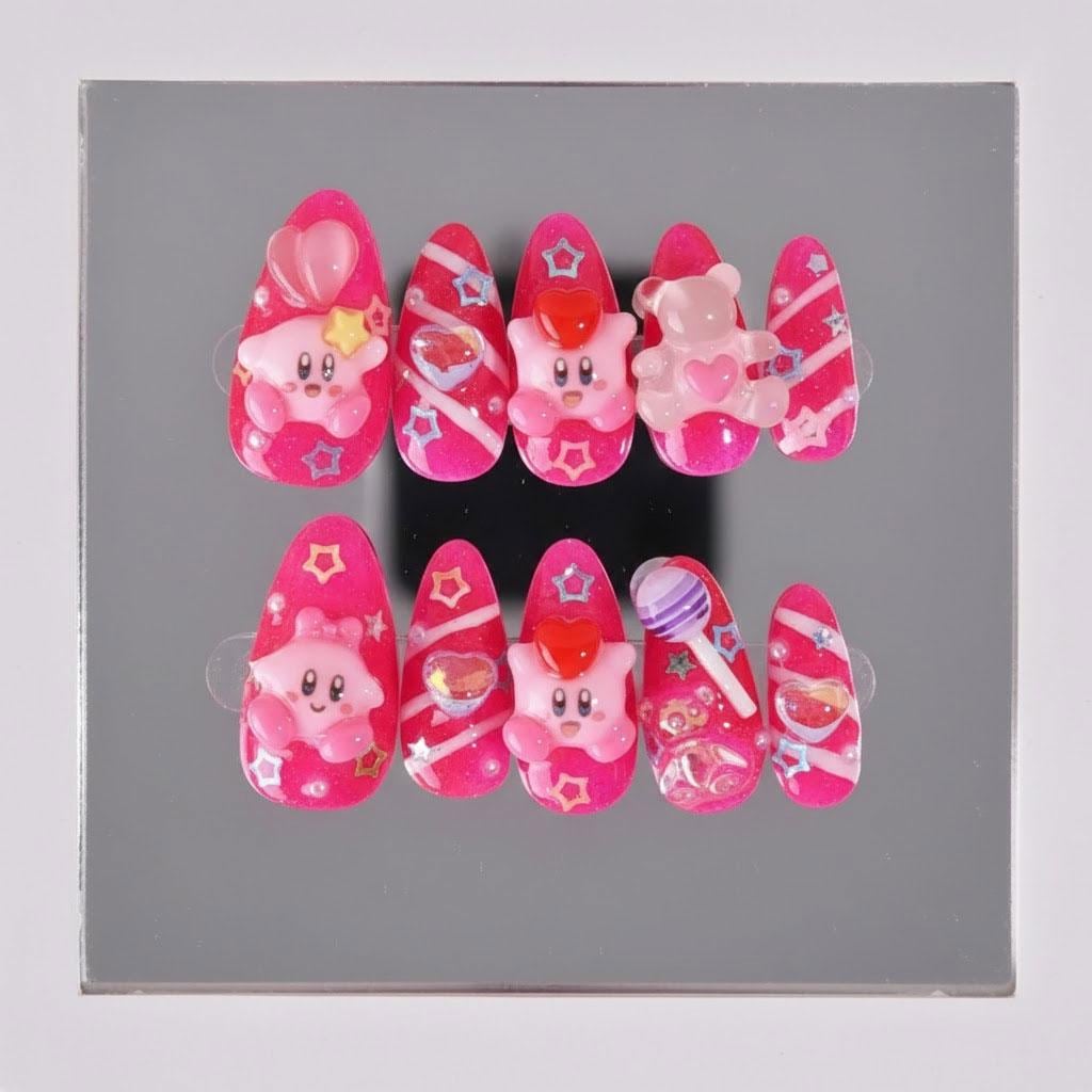 Pink Kirby-Inspired 3D Character Nail Set With Stars and Stripes
