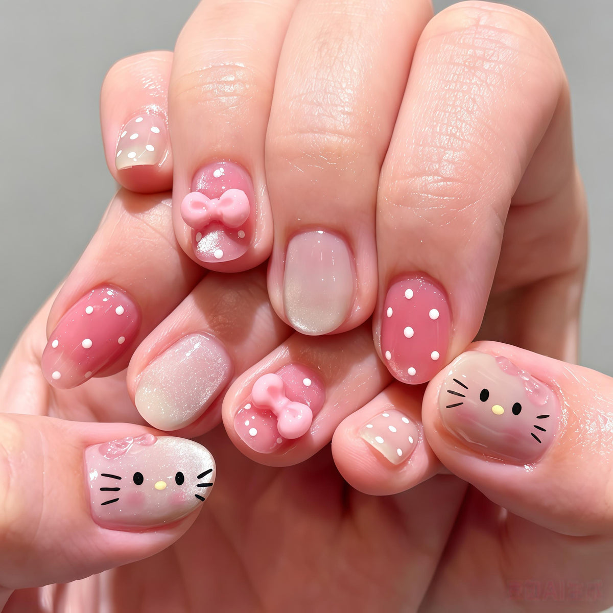 Pink Kitty Face Press On Nails with 3D Bows and White Polka Dots