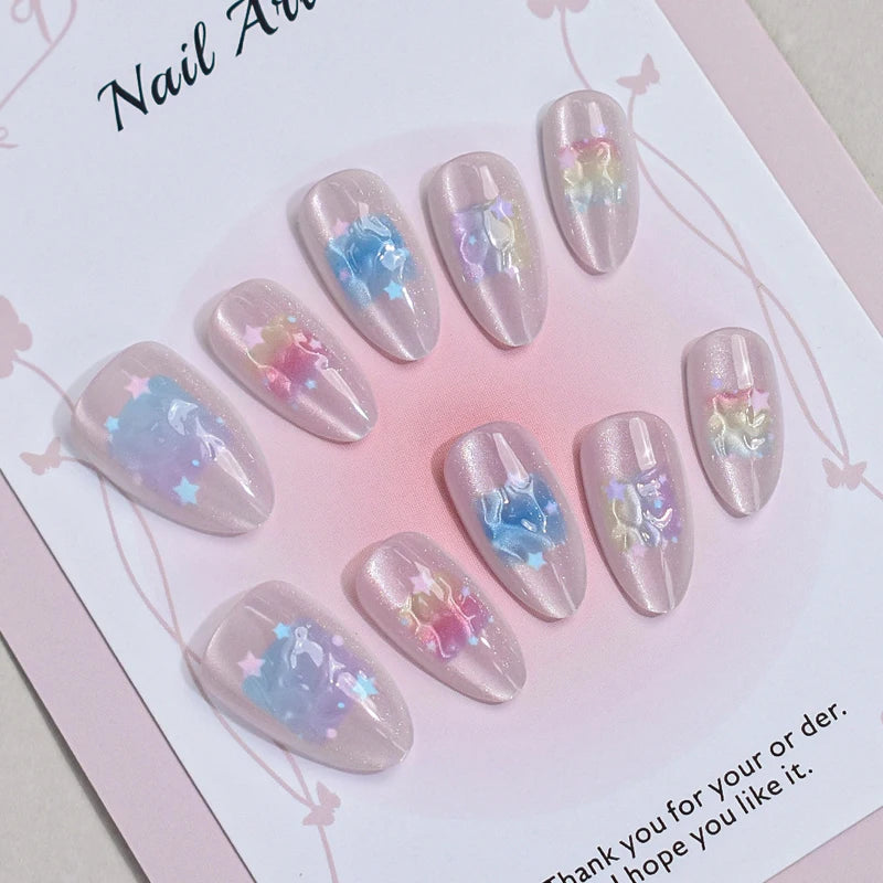 Pink Lavender Cat Eye Nails with Pastel Blue and Pink Stars