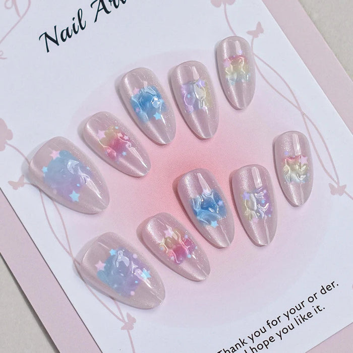Pink Lavender Cat Eye Press On Nails with Pastel Blue and Pink Stars