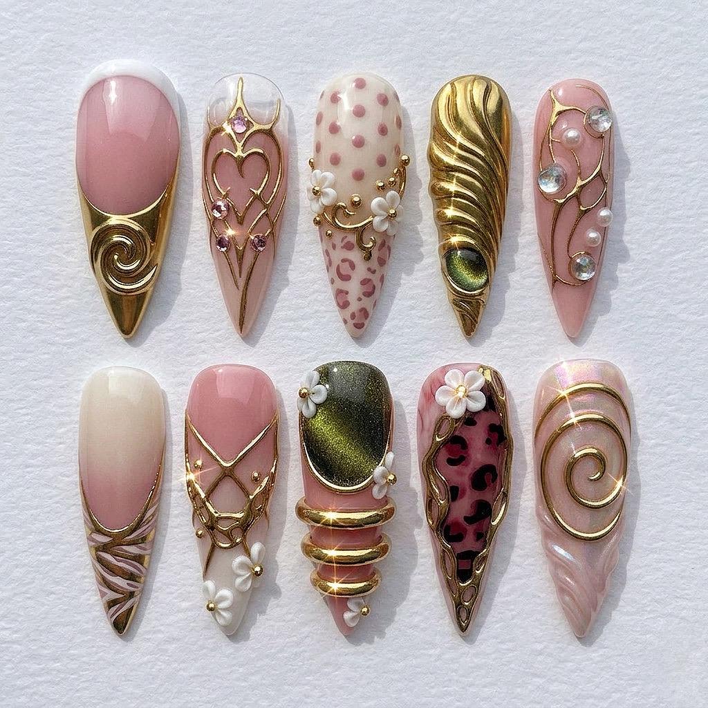 Pink Leopard, Floral & Gold 3D Coquette Nail Set