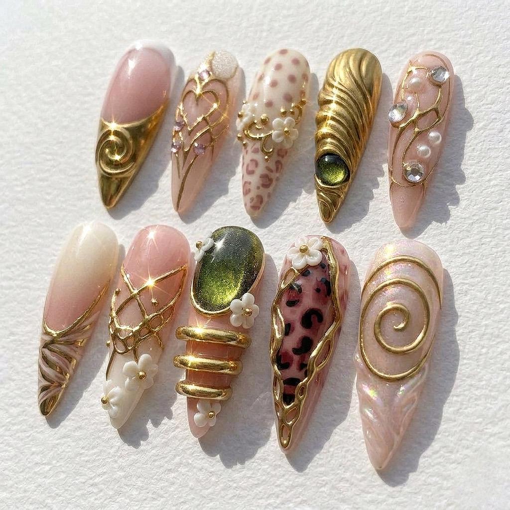 Pink Leopard, Floral & Gold 3D Coquette Nail Set