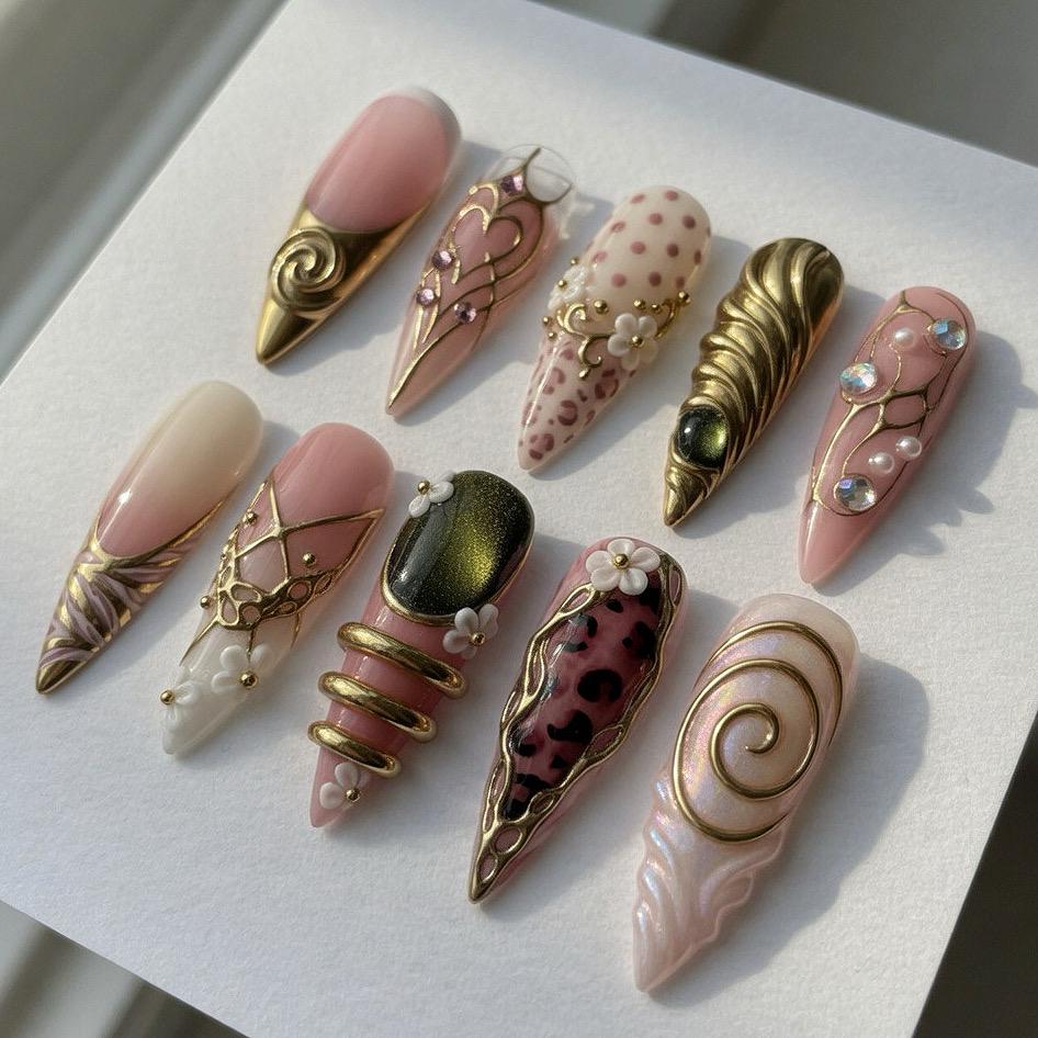 Pink Leopard, Floral & Gold 3D Coquette Nail Set