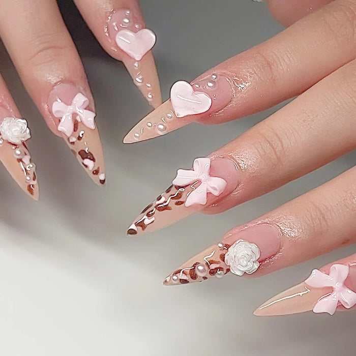 Pink Leopard French Tip Press On Nails With 3D Bows, Hearts and Roses