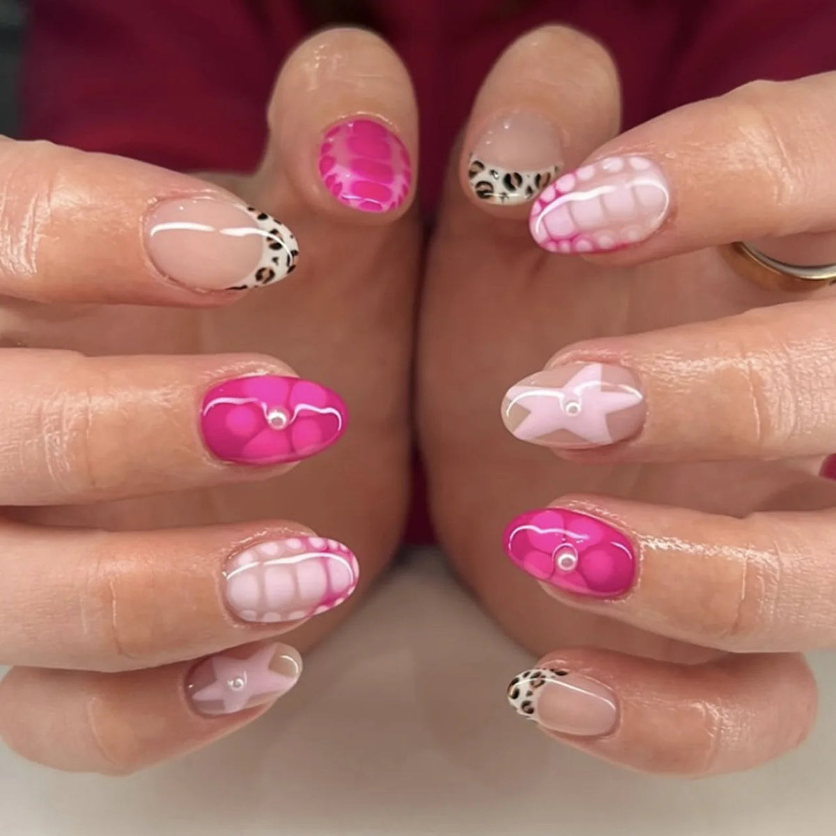 Pink Leopard French Tip Press On Nails with Plaid and Star Details