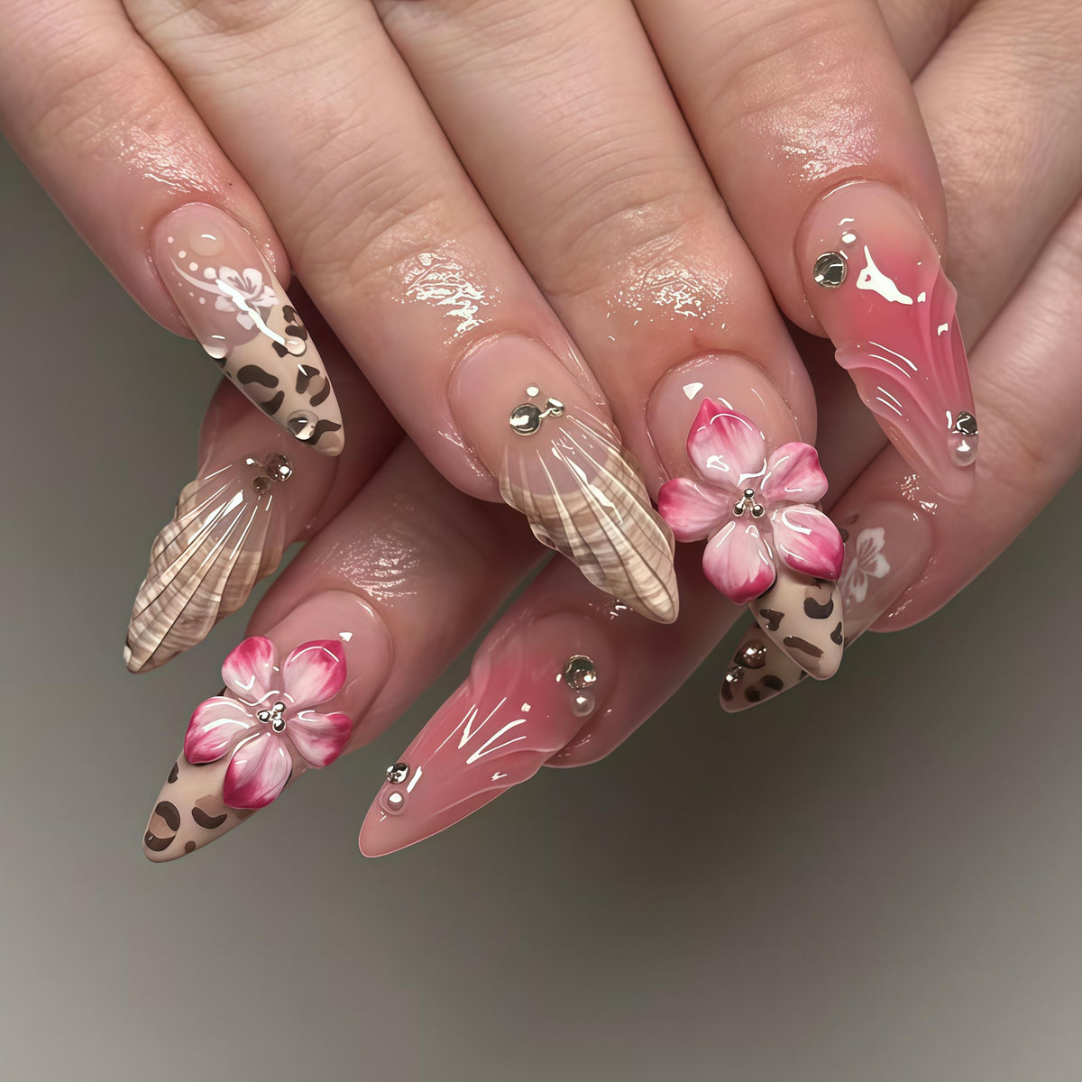Pink Leopard Print and 3D Flower Nails with Plaid and Gold-Toned Accents