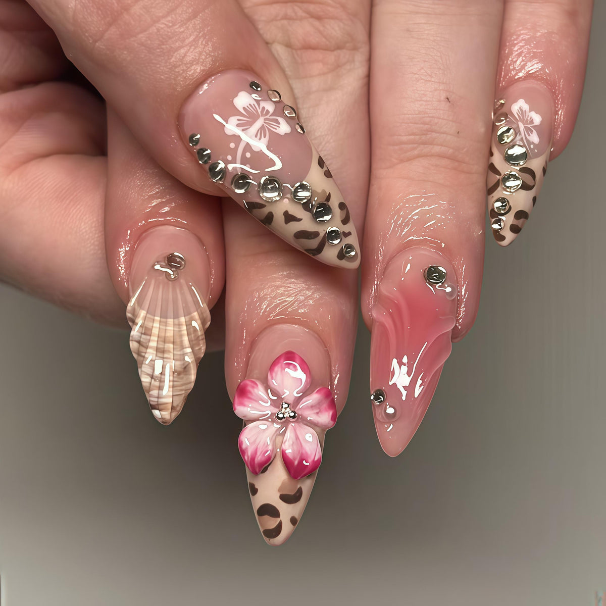 Pink Leopard Print and 3D Flower Nails with Plaid and Gold-Toned Accents