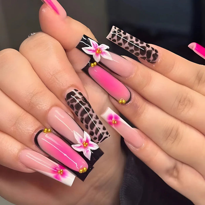 Pink Leopard Print and Lily Press On Nail Set with Black French Tips