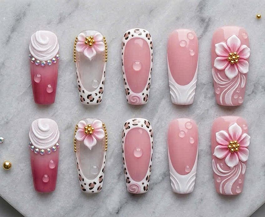 Pink Leopard Print and Sculpted Flower French Tip Press-On Nail Set