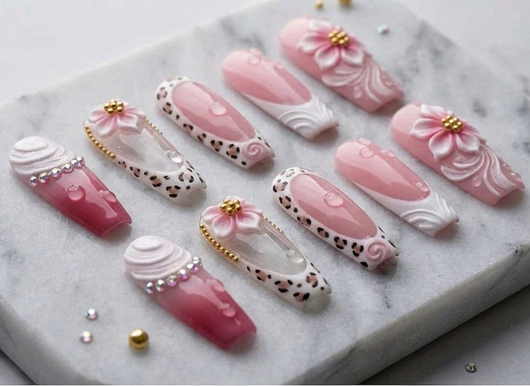 Pink Leopard Print and Sculpted Flower French Tip Press-On Nail Set