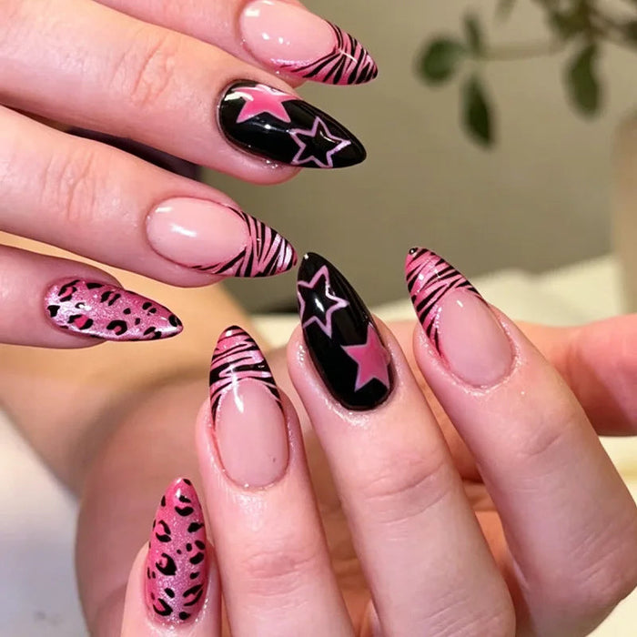 Pink Leopard Print and Star French Tip Press On Nail Set