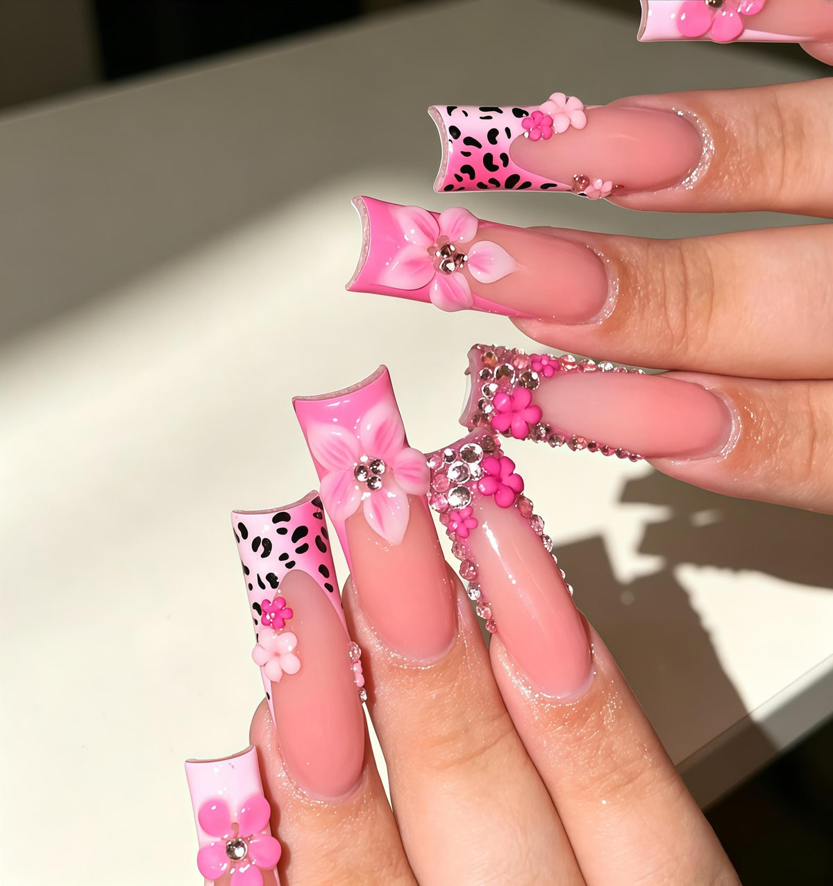 Pink Leopard Print Nails With 3D Flowers and Rhinestones