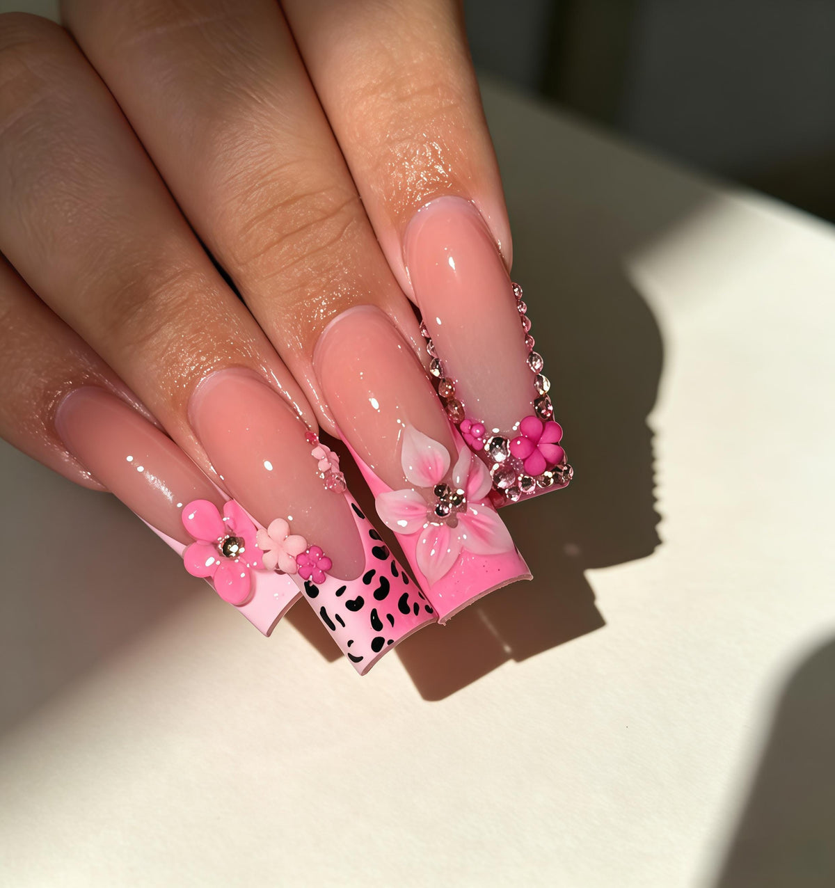 Pink Leopard Print Nails With 3D Flowers and Rhinestones