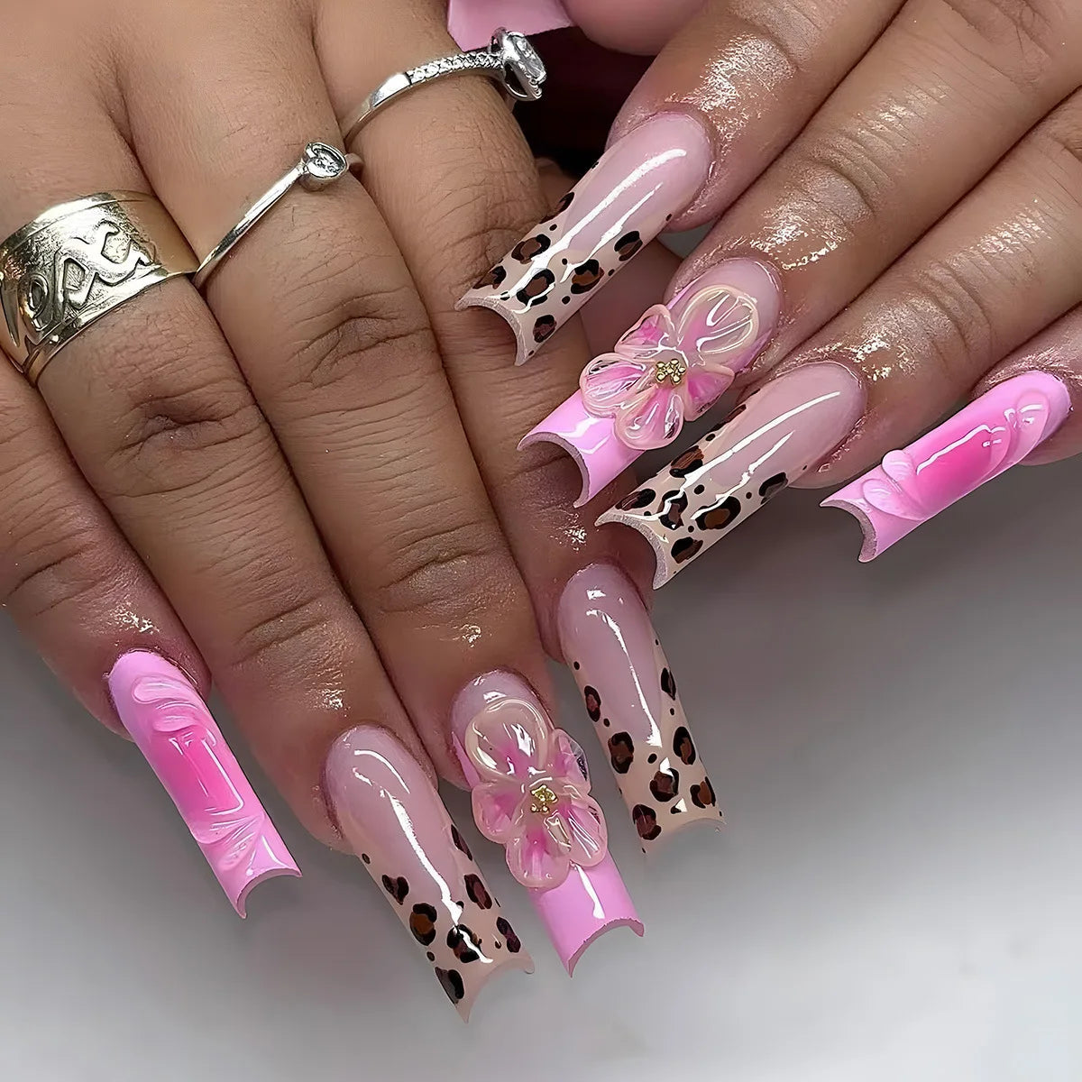 Pink Leopard Print Press On Nails With 3D Flowers and Rhinestones