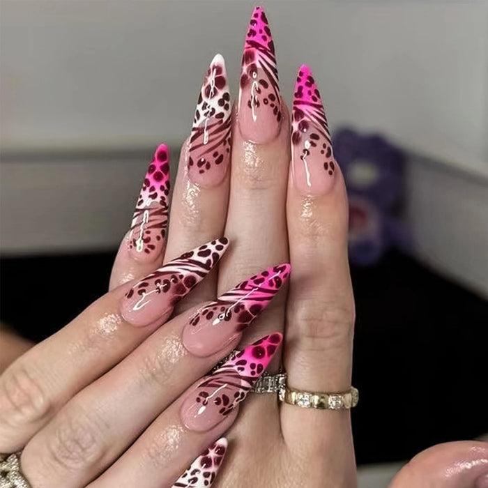 Pink Leopard Print Press-On Nails With Nude-Pink Bases