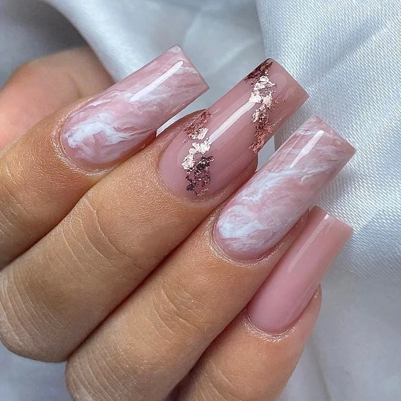 Pink Marble Swirl Press On Nails With Rose Gold Foil