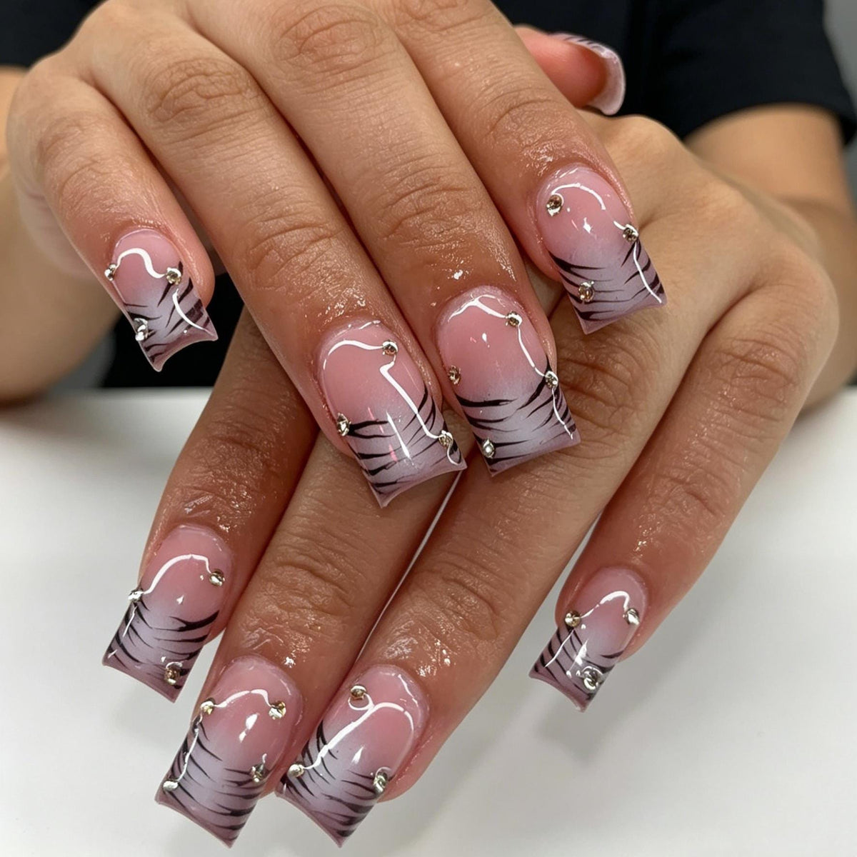 Pink Mauve Ombre Zebra Stripe Nails With Gold-Tone Studs