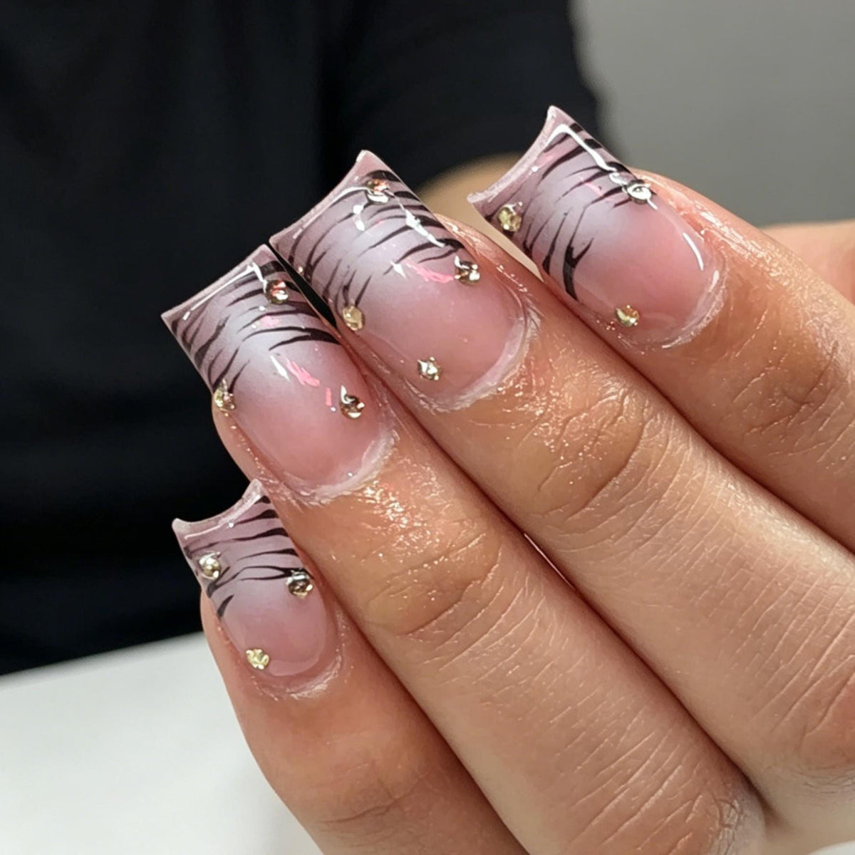 Pink Mauve Ombre Zebra Stripe Nails With Gold-Tone Studs