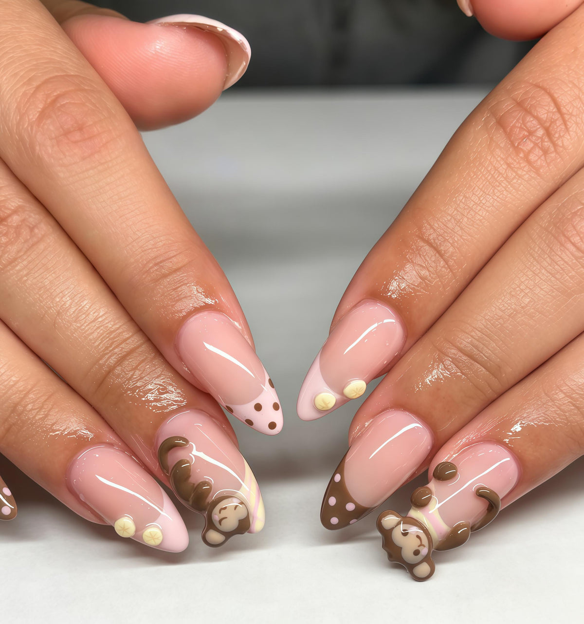 Pink Monkey Nail Set With Brown Polka-Dot Tips and 3D Details