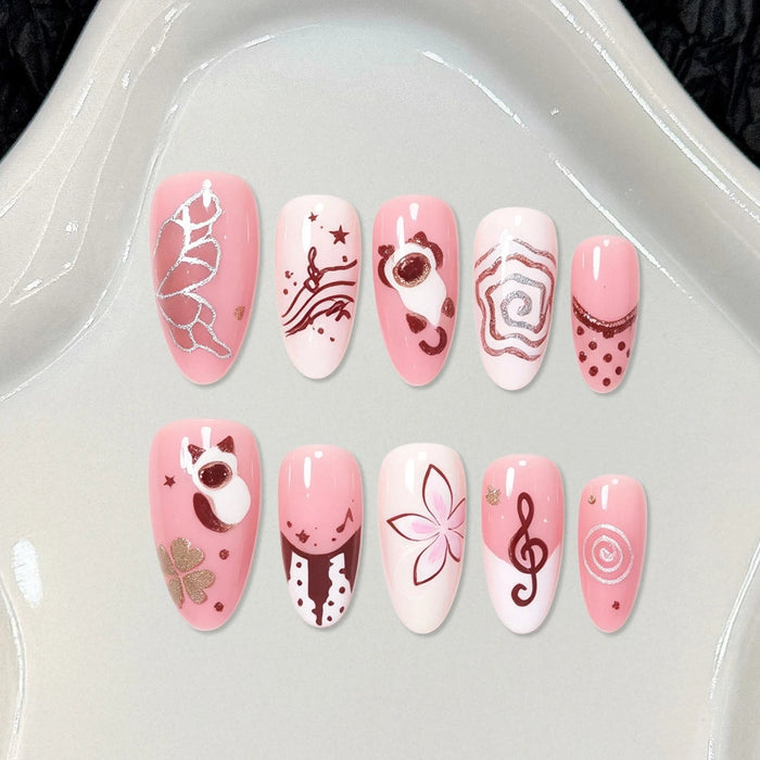 Pink Music Note and Swirl Press On Nails With Floral Details