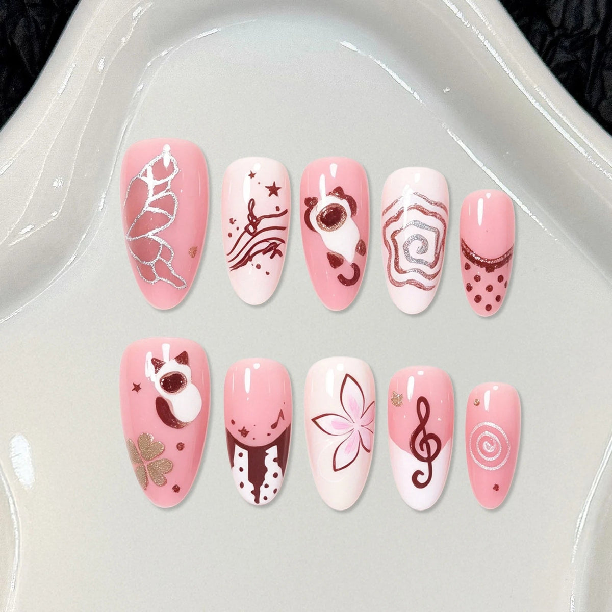 Pink Music Note Swirl Press-On Nails With Burgundy and White Details