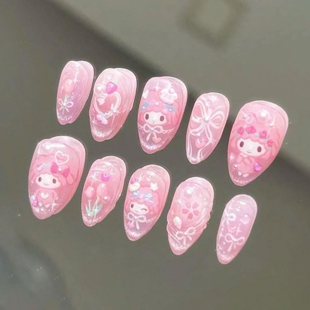Pink My Melody Nails With Pearly Shimmer, White Bows, Hearts and 3D Details