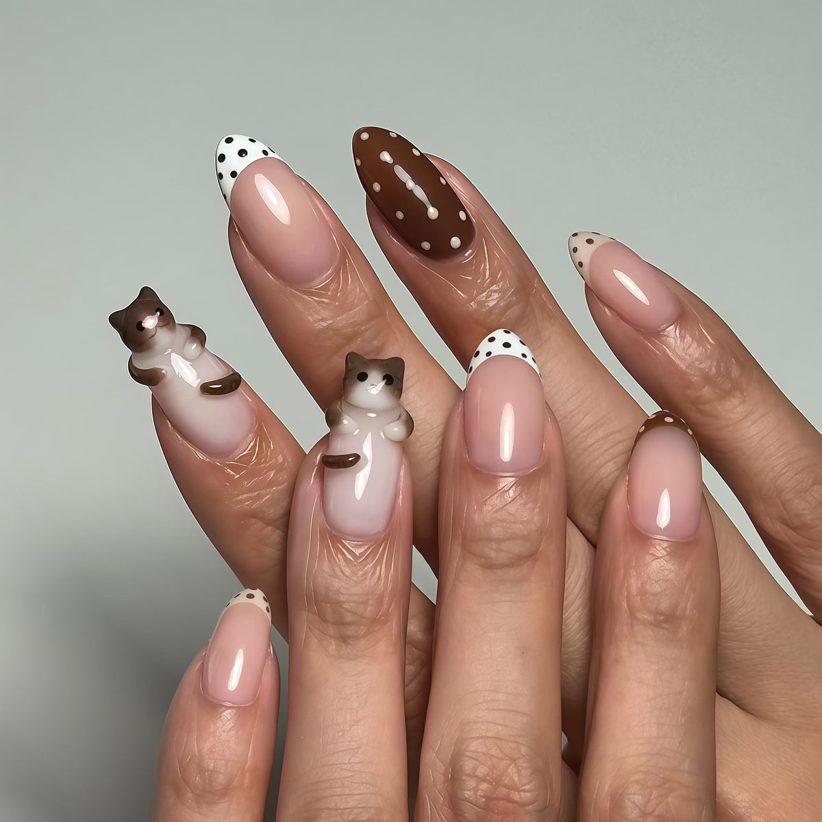Pink Nude Cat Nails with Brown and White Polka Dots and 3D Kitten Details